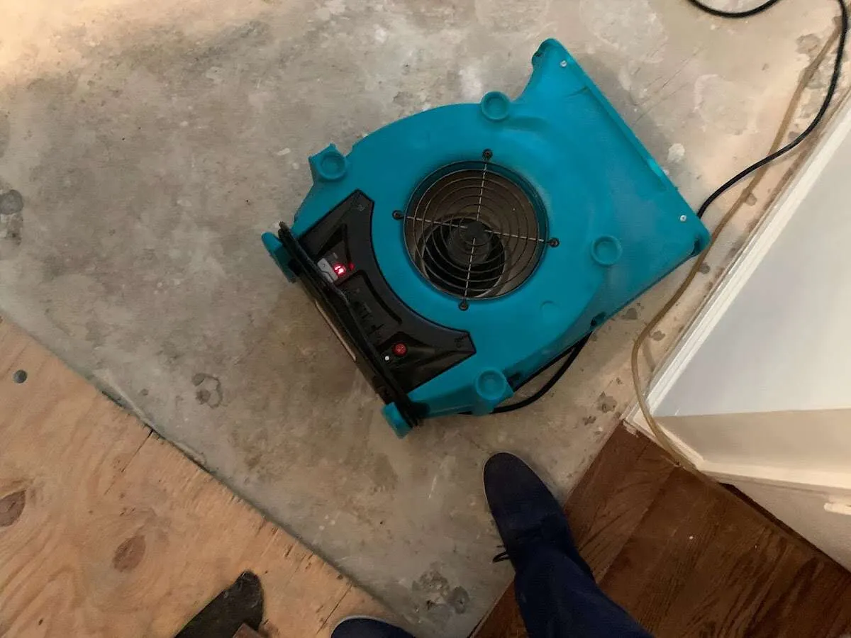 Air mover drying subfloor during Leak Detection & Repair in Matteson